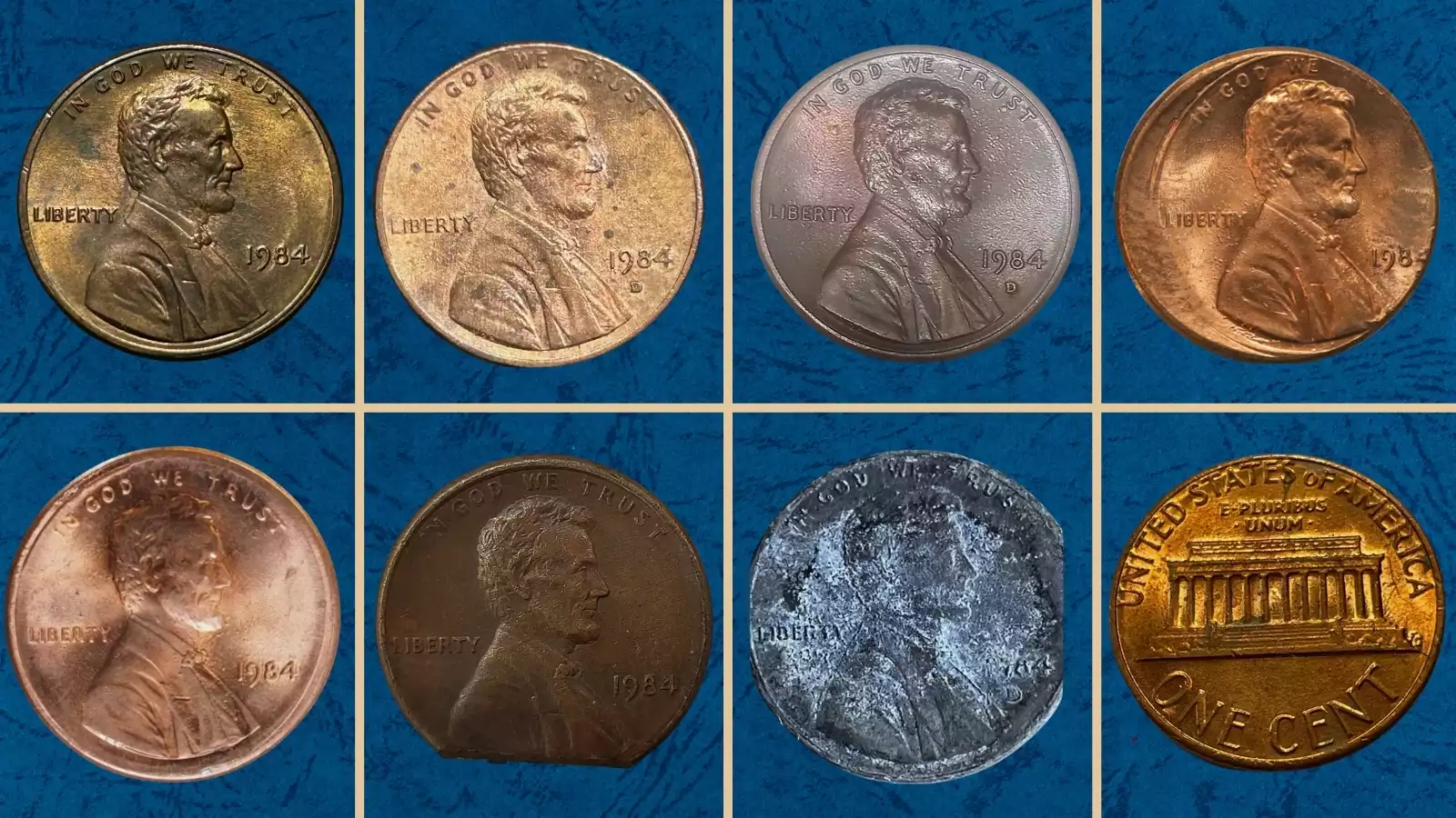 1984 penny grading strip showing four condition tiers from worn to gem uncirculated red