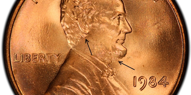 Side-by-side comparison of normal 1984 penny ear versus the Double Ear DDO FS-101 variety showing the raised second earlobe