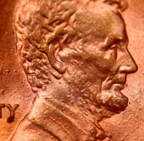 1984 penny Double Ear DDO FS-101 close-up showing the raised second earlobe below Lincoln's primary ear