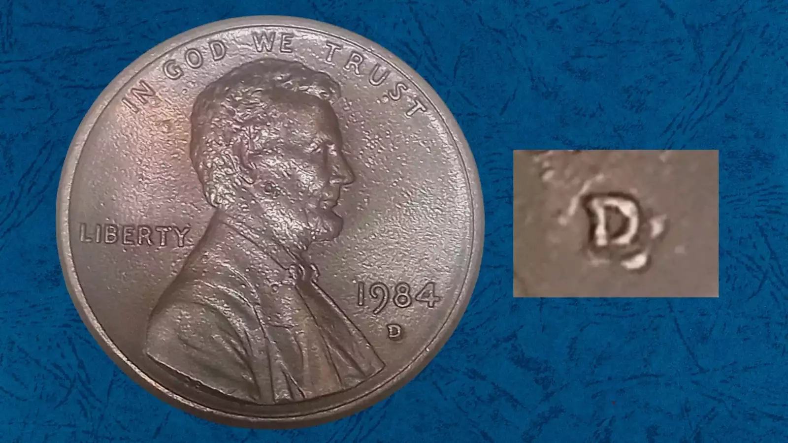 1984-D penny Repunched Mintmark close-up showing secondary D shadow beside the primary D mintmark