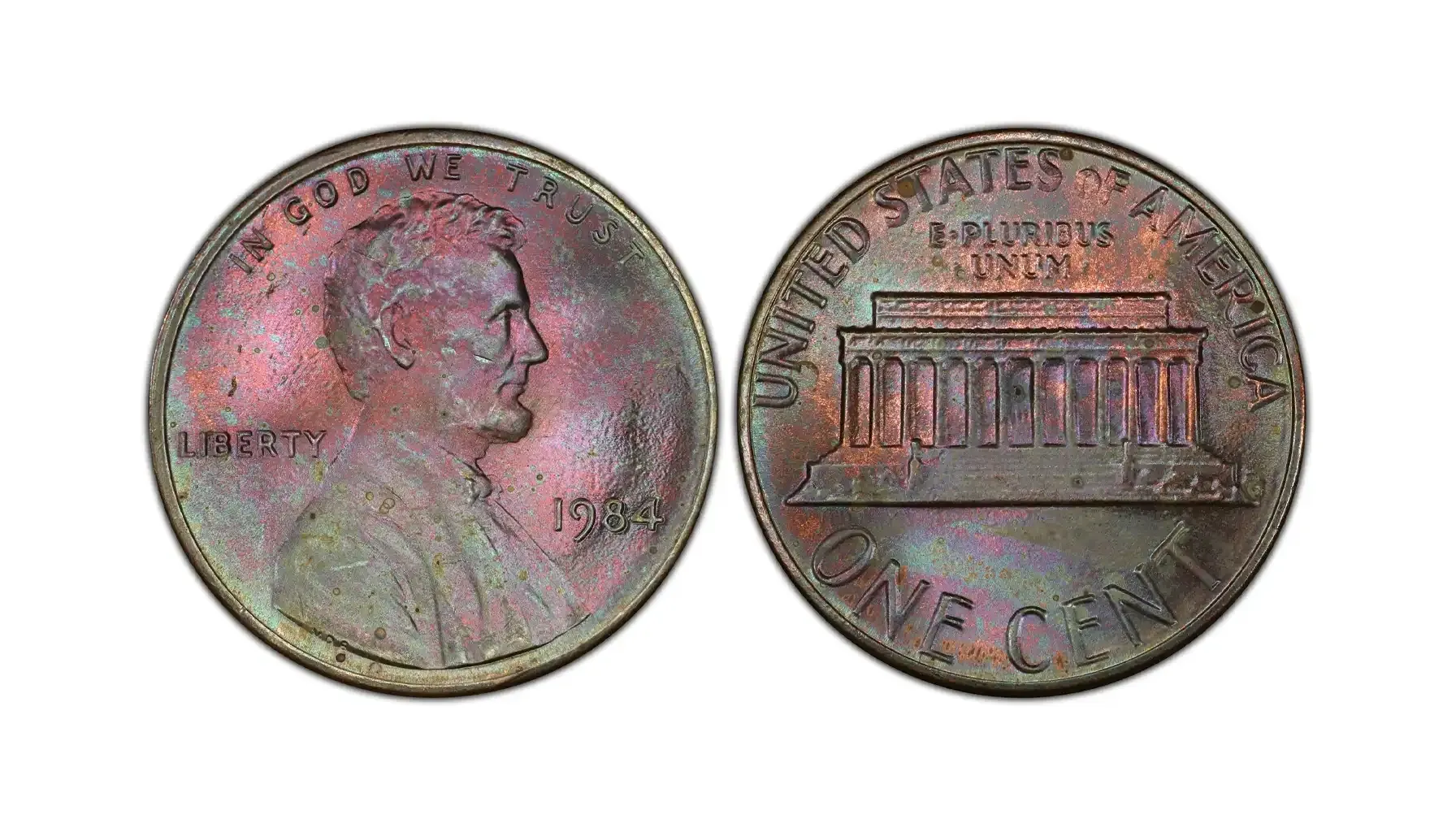 Group of 1984 Lincoln Memorial cents showing various grades from circulated to uncirculated red